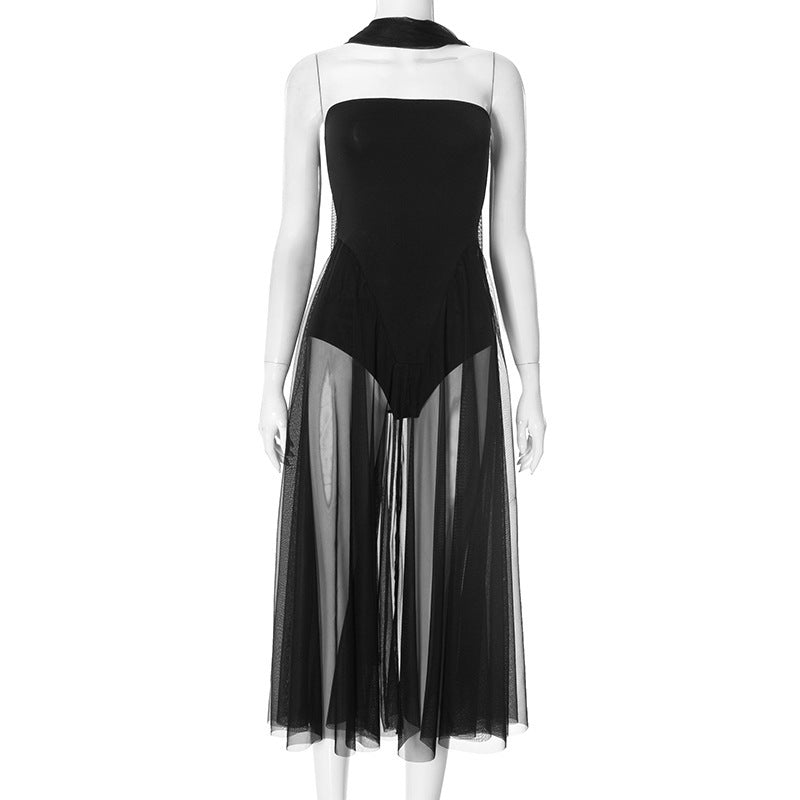 Women's Fashion Personality Stitching See-through Dress