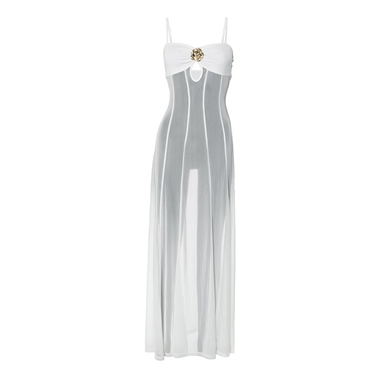 Summer New Women's Fashion Metal Flower Decorative Perspective Strap Dress