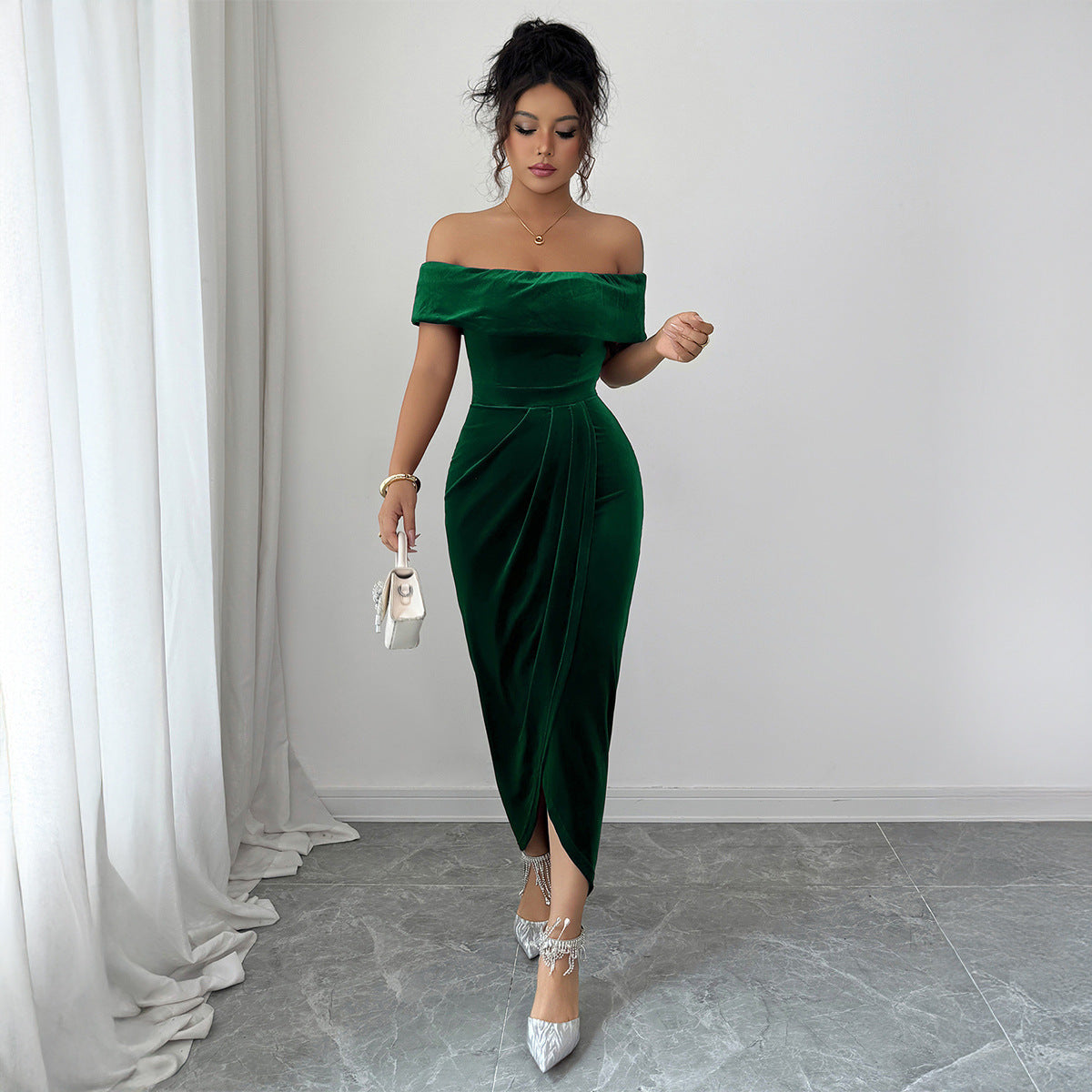 Elegant Tube Top Solid Color Dress Women