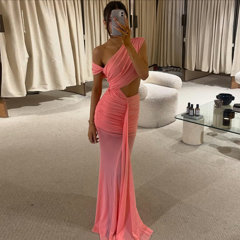 Women's Elegant Solid Color Diagonal Collar Sleeveless Ribbon Dress