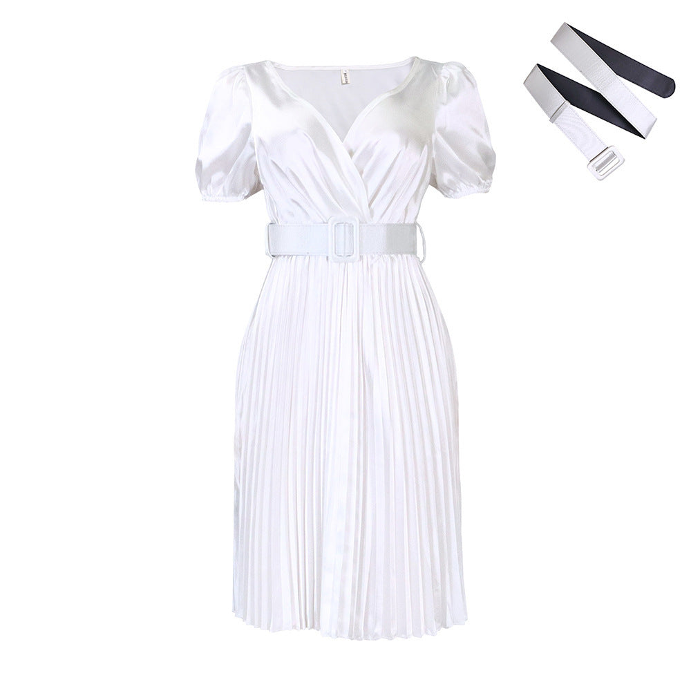 Summer V-neck Cinched Pleated European And American Style Dress