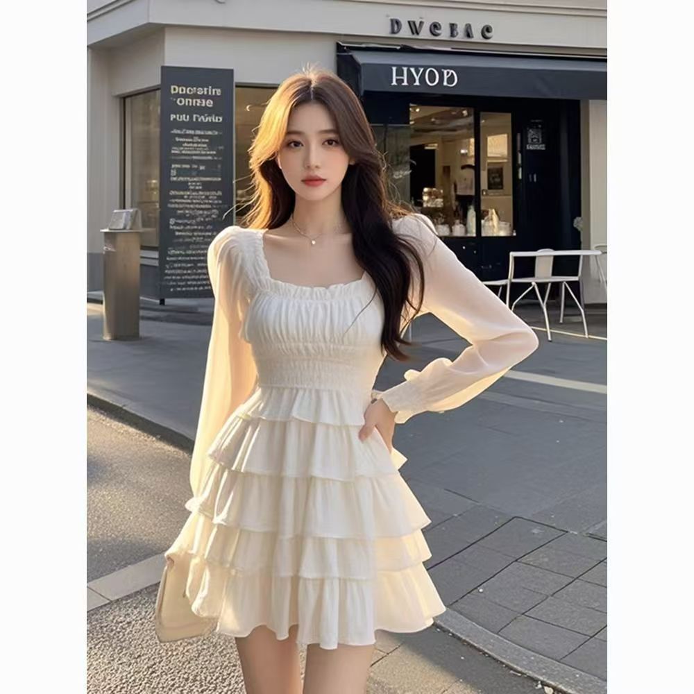 Sweet Gentle Square Collar Fungus Pure Desire Slimming Dress