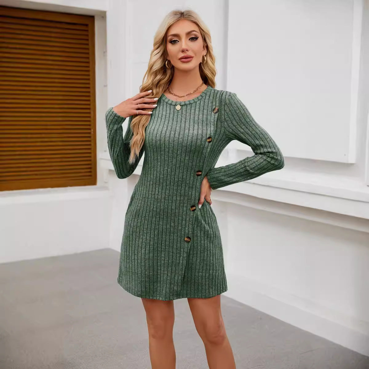 Women's Round Neck Side Button Pocket Long Sleeve Girdle Dress