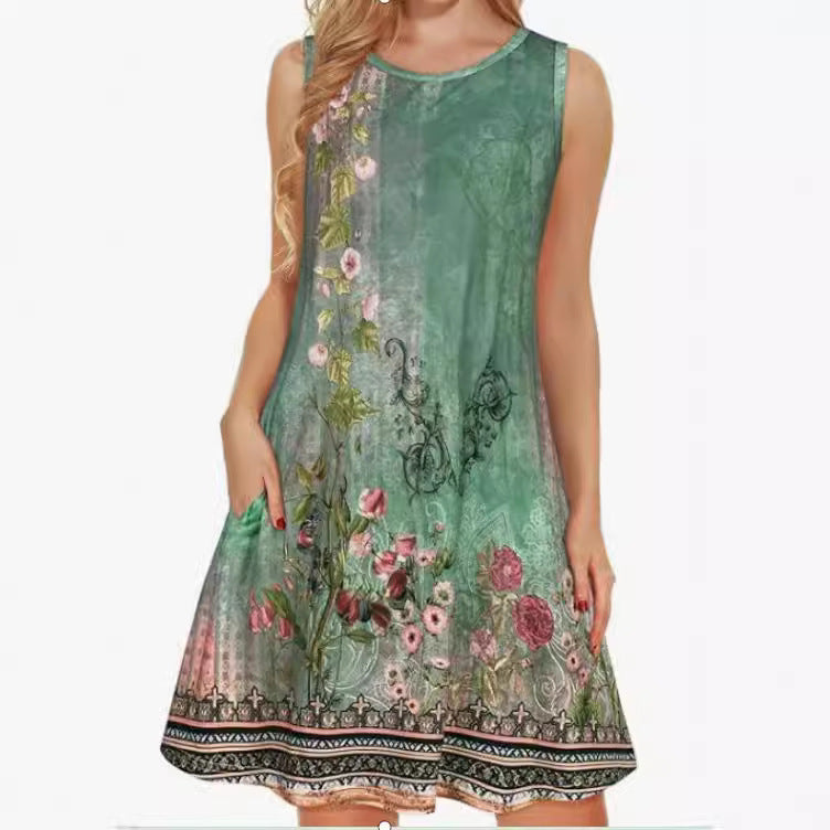 Beach Hawaiian Print Baggy Tank Dress With Pockets