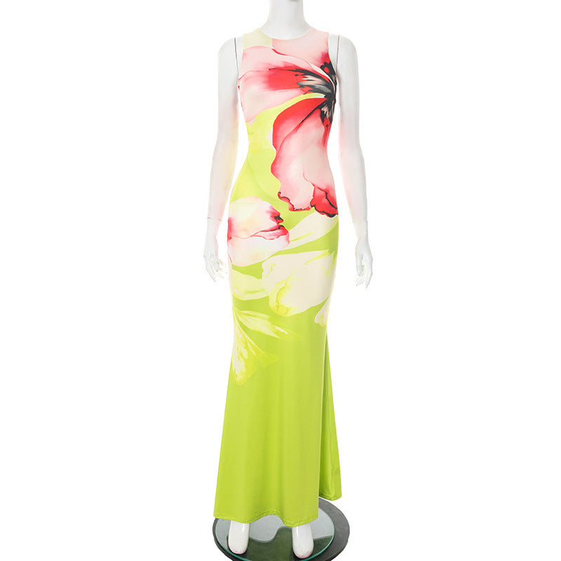 Women's Elegant Floral Print Round Neck Sleeveless Slim Fishtail Long Dress