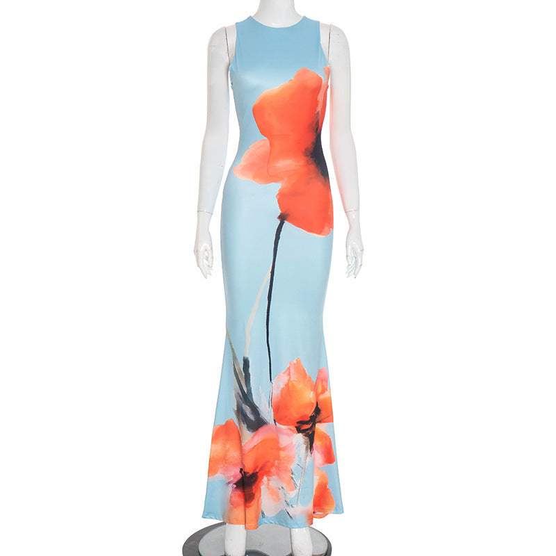 Women's Elegant Floral Print Round Neck Sleeveless Slim Fishtail Long Dress