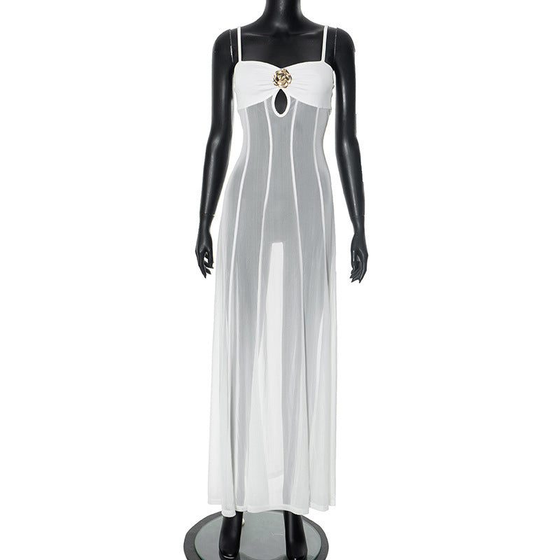 Summer New Women's Fashion Metal Flower Decorative Perspective Strap Dress