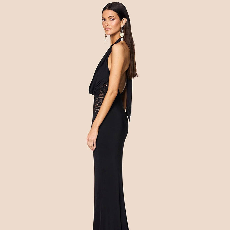 Swing Collar Lace Stitching Halter Lace-up Deep V Long Dress Women