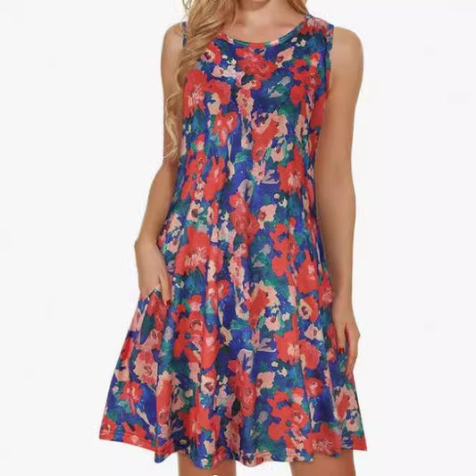 Beach Hawaiian Print Baggy Tank Dress With Pockets