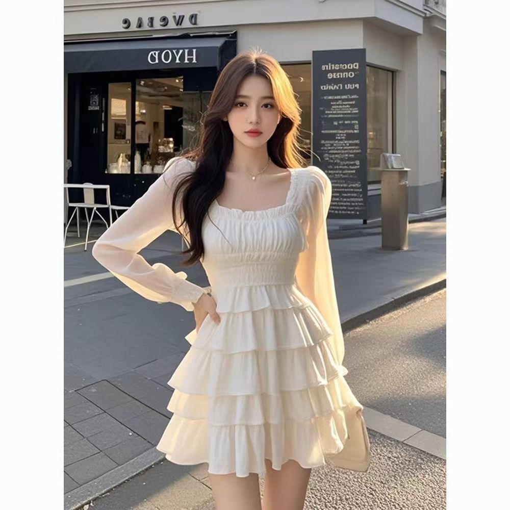 Sweet Gentle Square Collar Fungus Pure Desire Slimming Dress