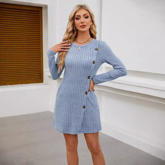 Women's Round Neck Side Button Pocket Long Sleeve Girdle Dress