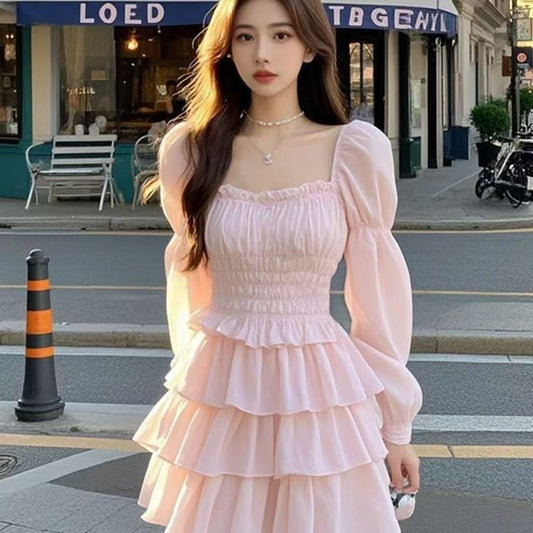 Sweet Gentle Square Collar Fungus Pure Desire Slimming Dress