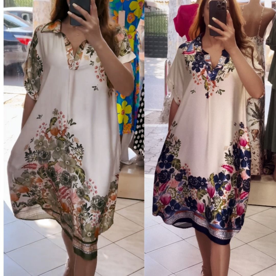 Lantern Sleeve Midi Dress Digital Printing Plus Size