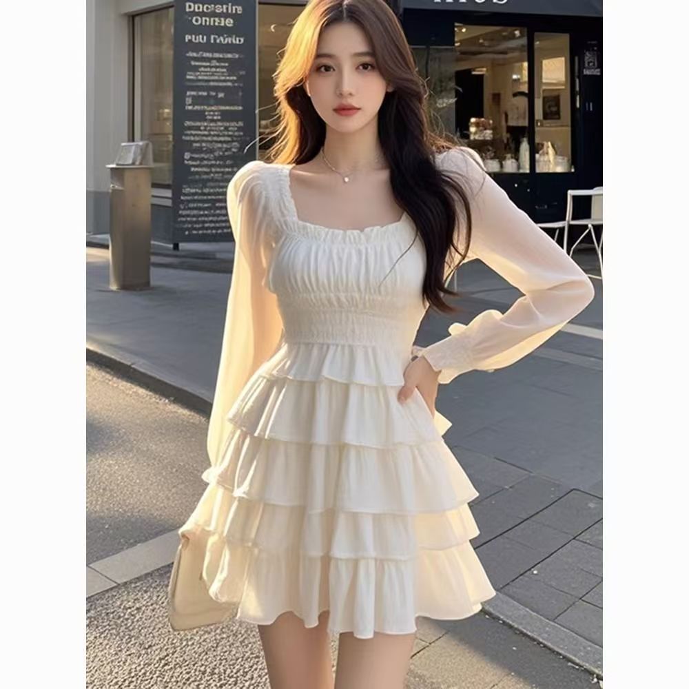 Sweet Gentle Square Collar Fungus Pure Desire Slimming Dress