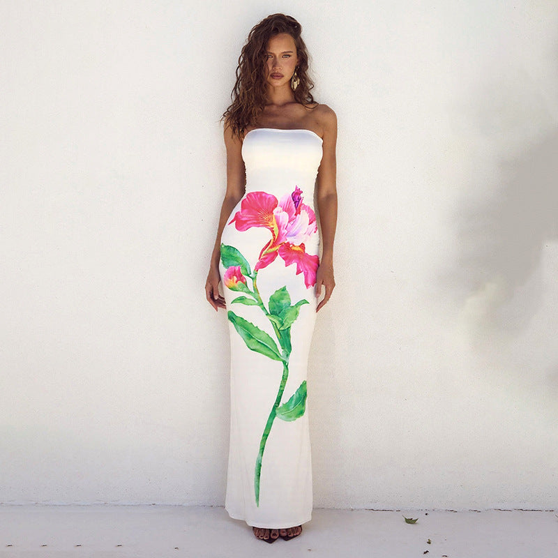 Printed Contrast Color Backless Long Tube Top Length Dress