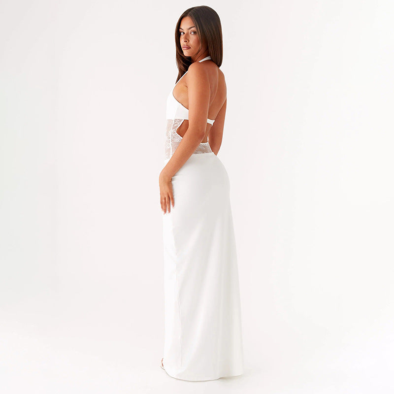 Summer Women's Clothing Temperament Pure Color Halter Backless Lace Stitching Dress