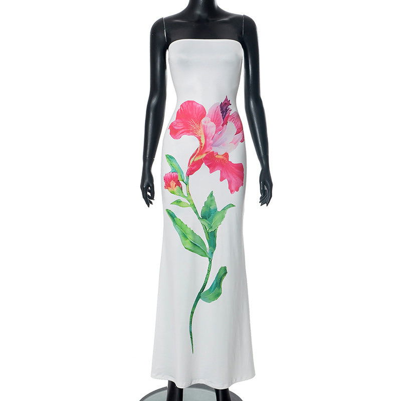 Printed Contrast Color Backless Long Tube Top Length Dress