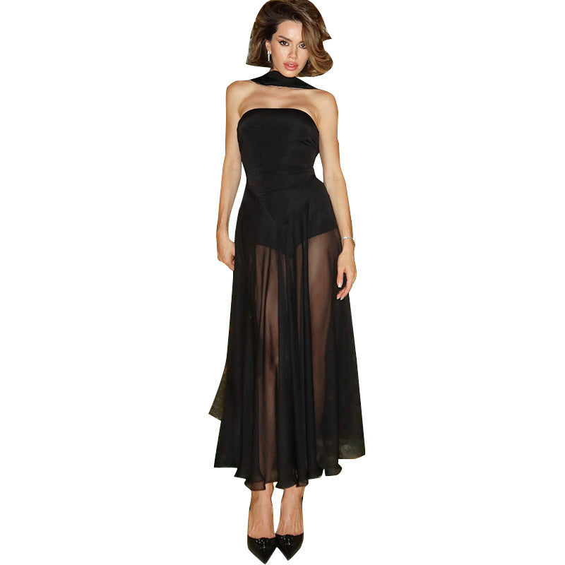 Women's Fashion Personality Stitching See-through Dress