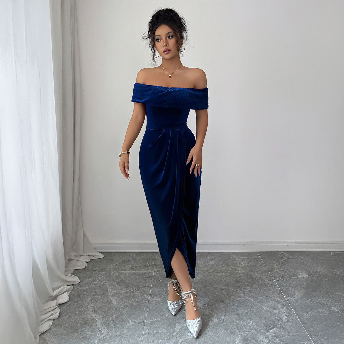 Elegant Tube Top Solid Color Dress Women