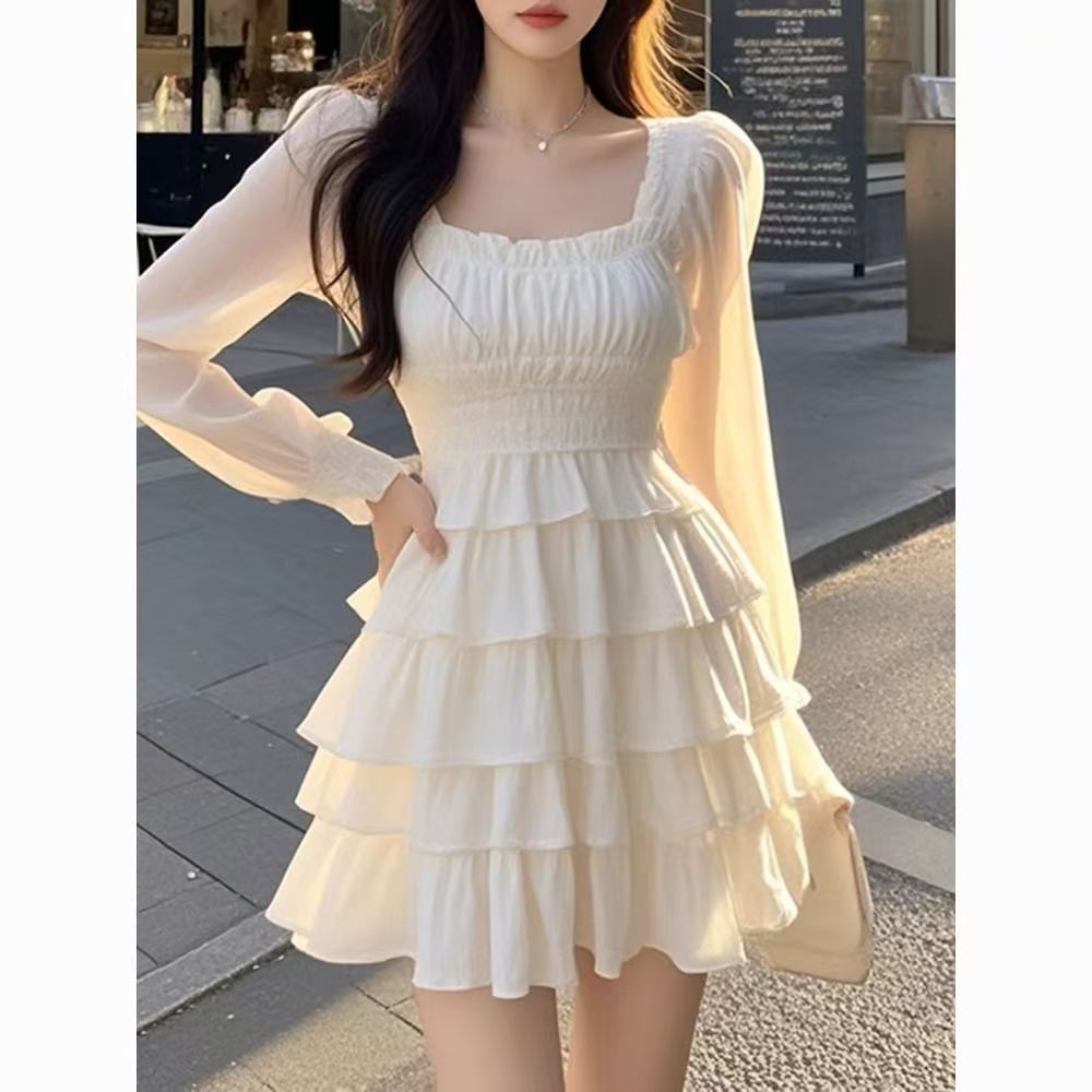 Sweet Gentle Square Collar Fungus Pure Desire Slimming Dress