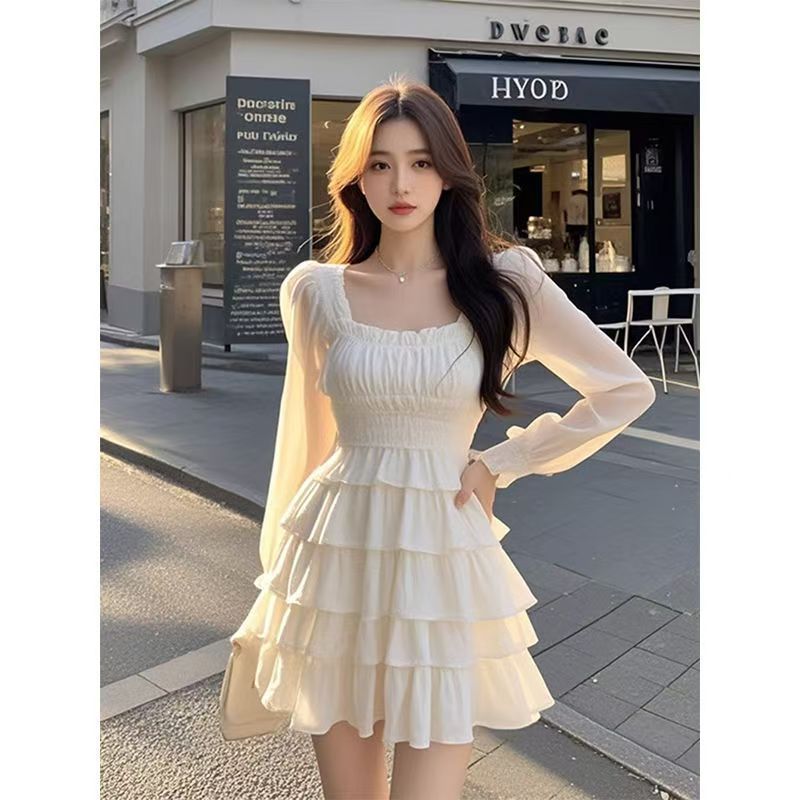 Sweet Gentle Square Collar Fungus Pure Desire Slimming Dress