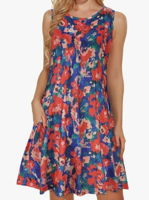 Beach Hawaiian Print Baggy Tank Dress With Pockets