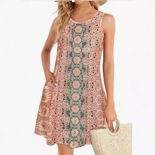 Beach Hawaiian Print Baggy Tank Dress With Pockets